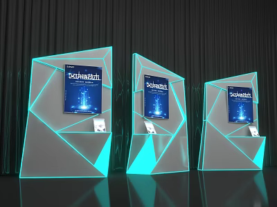 Modern Geometric Display Shelves With Blue Lighting And Powerful Posters For Product 3d model