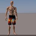 Shirtless Man with Chest Tattoo and Colorful Shorts Standing Against Vibrant Backdrop