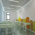 School Classroom Interior Featuring Light Green Desks Chairs Blue Wall Colorful Leaf Decorations And Blackboard