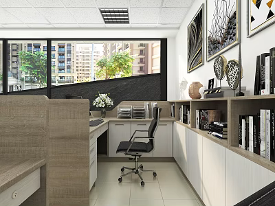 Modern Office Interior Design With Desk Chair Bookshelves Wall Art And Window View Decorations 3d model