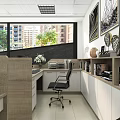 Modern Office Interior Design With Desk Chair Bookshelves Wall Art And Window View Decorations