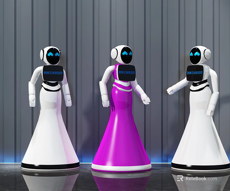 Three Smart Service Robots With Purple And White Designs And Chest Display Screens 3d model