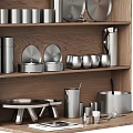 Elegant Stainless Steel Kitchen Cookware Displayed on Wooden Shelves with Plates Mugs and Pitcher