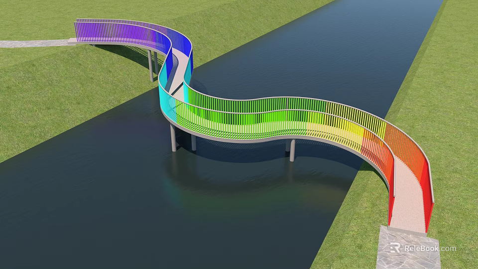 Rainbow Colored Curved Bridge Spanning Over Water With Green Grass Surroundings 3d model 