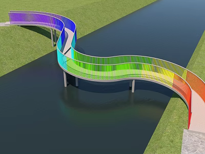 Rainbow Colored Curved Bridge Spanning Over Water With Green Grass Surroundings 3d model