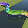 Rainbow Colored Curved Bridge Spanning Over Water With Green Grass Surroundings