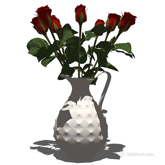 White Diamond Pattern Vase Holding Red Roses and Fresh Green Leaves 3d model 
