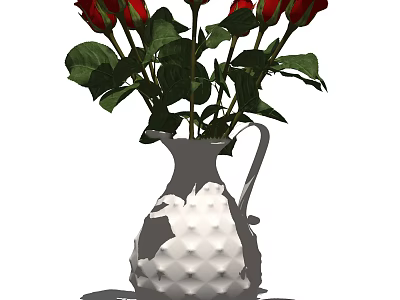White Diamond Pattern Vase Holding Red Roses and Fresh Green Leaves 3d model