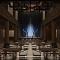 Traditional Teahouse Interior Design With Wooden Stage Colorful Lanterns And Classic Tables Chairs