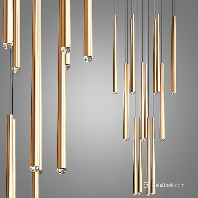 Elegant Gold Cylindrical Pendant Lights With Sleek Design Hanging In Modern Interior 3d model 