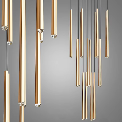 Elegant Gold Cylindrical Pendant Lights With Sleek Design Hanging In Modern Interior 3d model