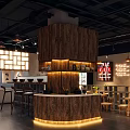 Modern Restaurant Interior With Red Grid Wall Stone Bar Wooden Tables And Pendant Lights