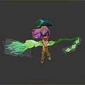 Witch Character With Purple Hair Blue Hat Riding Broomstick And Glowing Elements