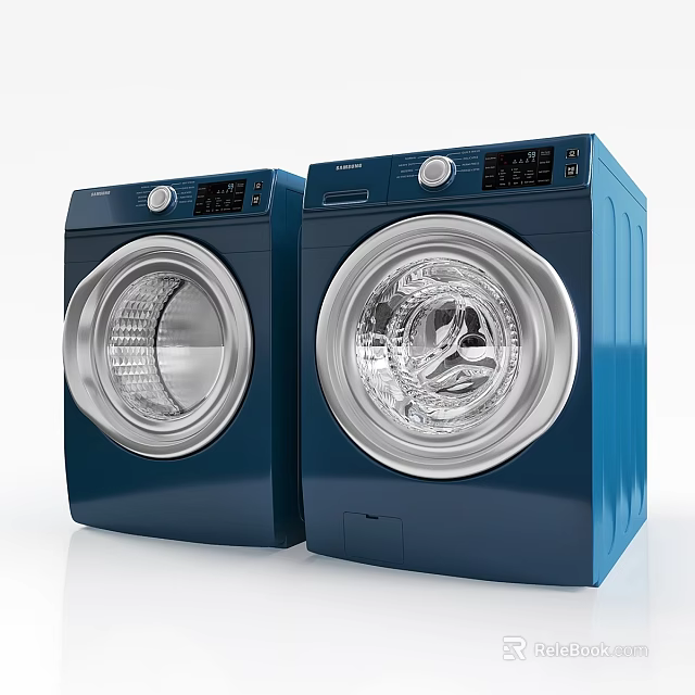 Two Blue Modern Front Load Washing Machines For Home Laundry Use 3d model 