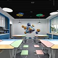 School Classroom Interior With Colorful Tables Chairs And Circular Pendant Lights
