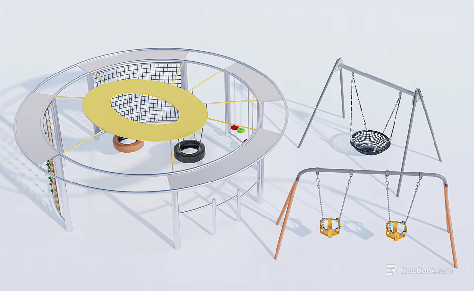 Outdoor Playground Equipment Featuring Circular Yellow Net Structure And Multiple Swings 3d model