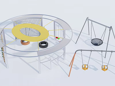 Outdoor Playground Equipment Featuring Circular Yellow Net Structure And Multiple Swings 3d model