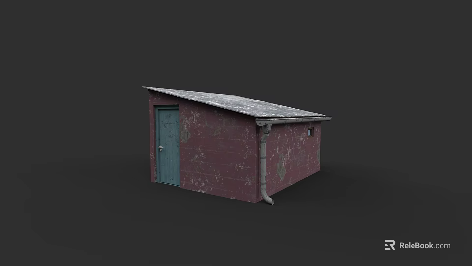 Garden Landscape With Red Building Green Door Gray Roof And Peeling Walls 3d model 