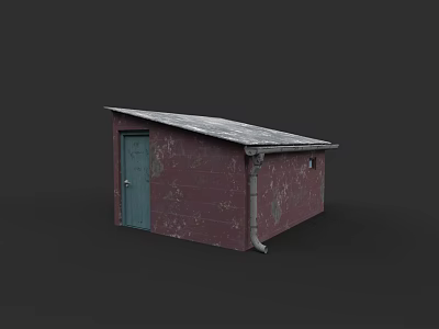Garden Landscape With Red Building Green Door Gray Roof And Peeling Walls 3d model