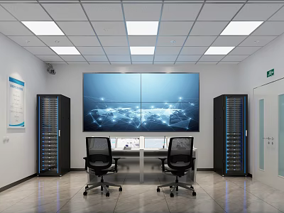 Modern Control Room Interior With Large Screen Displays Server Racks Workstation Desk And Office Chairs 3d model