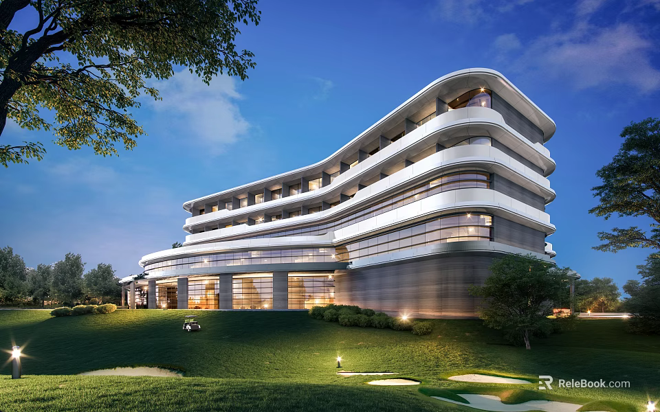 Modern Hotel Building with Curved Exterior Design Surrounded by Green Lawn Trees and Glass Windows 3d model 