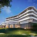Modern Hotel Building with Curved Exterior Design Surrounded by Green Lawn Trees and Glass Windows