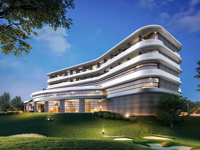 Modern Hotel Building with Curved Exterior Design Surrounded by Green Lawn Trees and Glass Windows 3d model