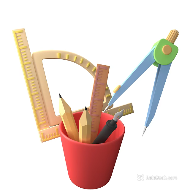 Assorted Stationery Items In Red Cup With Pencils Ruler Protractor And Compass 3d model 
