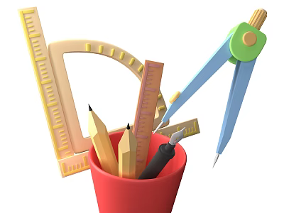 Assorted Stationery Items In Red Cup With Pencils Ruler Protractor And Compass 3d model
