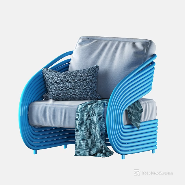 Blue Frame Single Chair With Light Gray Seat Geometric Pillow And Patterned Throw Blanket 3d model
