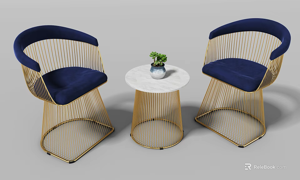Elegant Leisure Sofa Set Featuring Blue Cushions Golden Metal Frames White Round Table And Green Plant 3d model 
