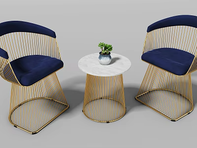 Elegant Leisure Sofa Set Featuring Blue Cushions Golden Metal Frames White Round Table And Green Plant 3d model