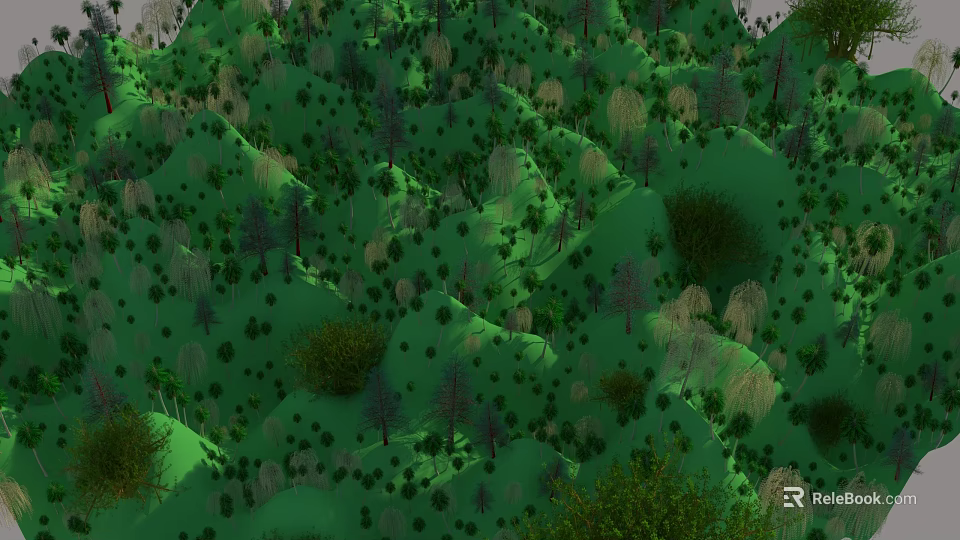 Cartoon Green Forest Scene With Rolling Hills And Various Trees 3d model 