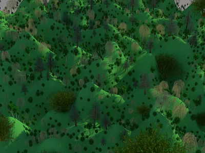 Cartoon Green Forest Scene With Rolling Hills And Various Trees 3d model