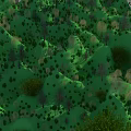 Cartoon Green Forest Scene With Rolling Hills And Various Trees
