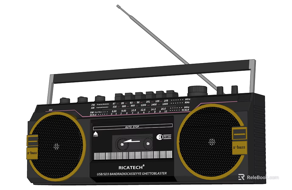 Headphone Audio BIZTECH Black Radio Cassette Player With Yellow Accent Speakers 3d model 