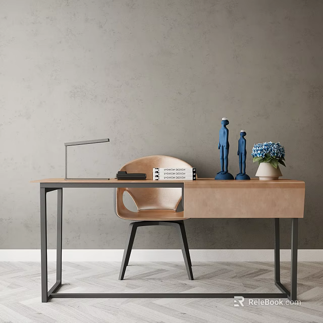 Modern Wooden Desk with Silver Lamp Book Notebook Blue Figurines and Vase with Blue Flowers 3d model 