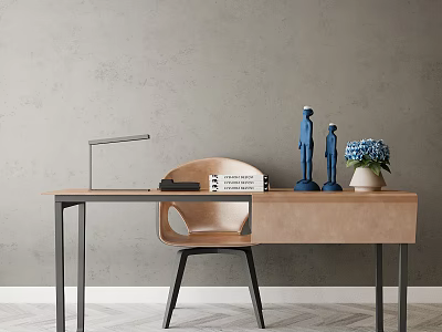 Modern Wooden Desk with Silver Lamp Book Notebook Blue Figurines and Vase with Blue Flowers 3d model