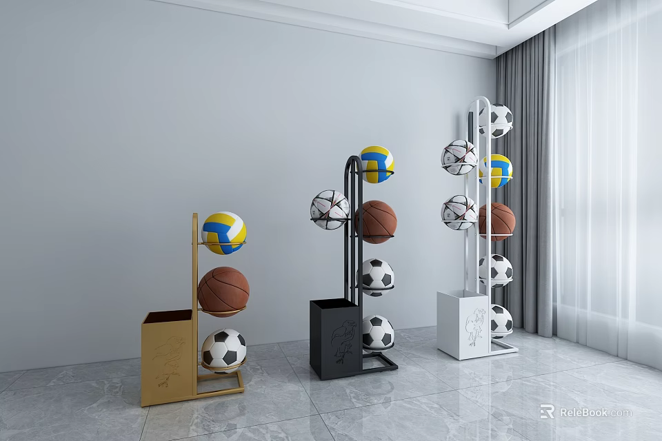 Sports Equipment Display With Gold Black White Ball Racks Holding Volleyballs Basketballs Soccer Balls 3d model 
