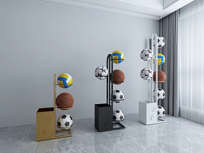 Sports Equipment Display With Gold Black White Ball Racks Holding Volleyballs Basketballs Soccer Balls 3d model