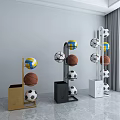 Sports Equipment Display With Gold Black White Ball Racks Holding Volleyballs Basketballs Soccer Balls