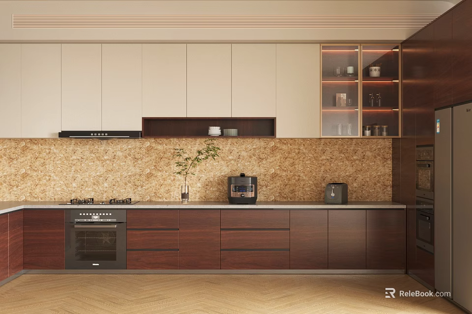 Modern Kitchen Interior With Wooden Cabinets Mosaic Backsplash Countertop And Appliances 3d model 