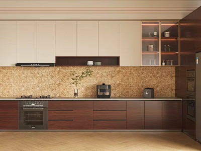 Modern Kitchen Interior With Wooden Cabinets Mosaic Backsplash Countertop And Appliances 3d model