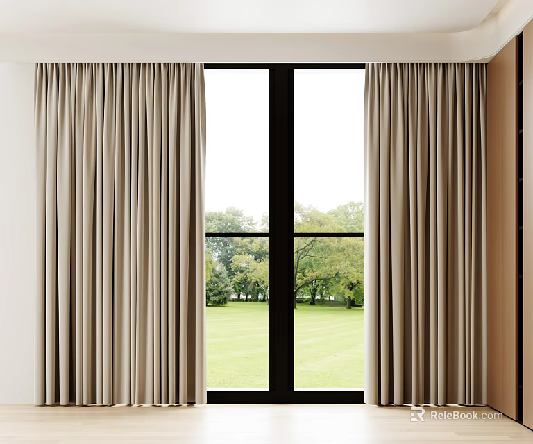 Beige Floor Length Curtains For Large Window With Green Lawn View 3d model 