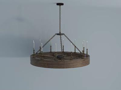 Rustic Wooden Circular Chandelier With Chain Hanging And Candle Shaped Lights 3d model