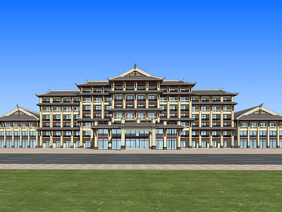 Chinese Style Hotel Building with Traditional Roof Design and Front Lawn Under Blue Sky 3d model