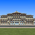 Chinese Style Hotel Building with Traditional Roof Design and Front Lawn Under Blue Sky