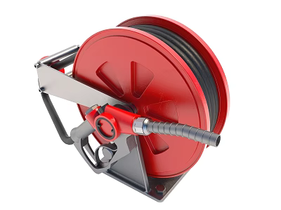 Red Hose Reel With Black Flexible Hose And Metal Mounting Stand 3d model
