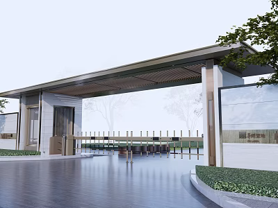 Elegant Modern Entrance Gate Design With Pergola Glass Doors And Waterfront Landscaping 3d model