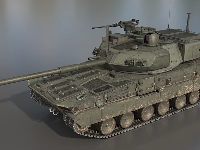 Modern Military Tank 3D Model with Green Camouflage Armored Turret and Tracks 3d model